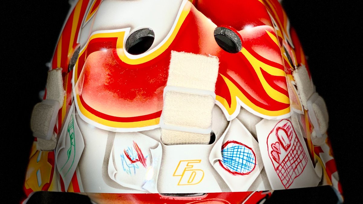 This mask = ❤️

<a href="/OscarDansk/">Oscar Dansk</a> is auctioning off his custom, game-worn mask to support <a href="/RMHCAlberta/">Ronald McDonald House Charities Alberta</a>! It features drawings for Oscar from children at the Ronald McDonald House, his favorite superheroes and Star Wars characters, and his dog Bodi!

Bid now: cflam.es/3yXKsnn