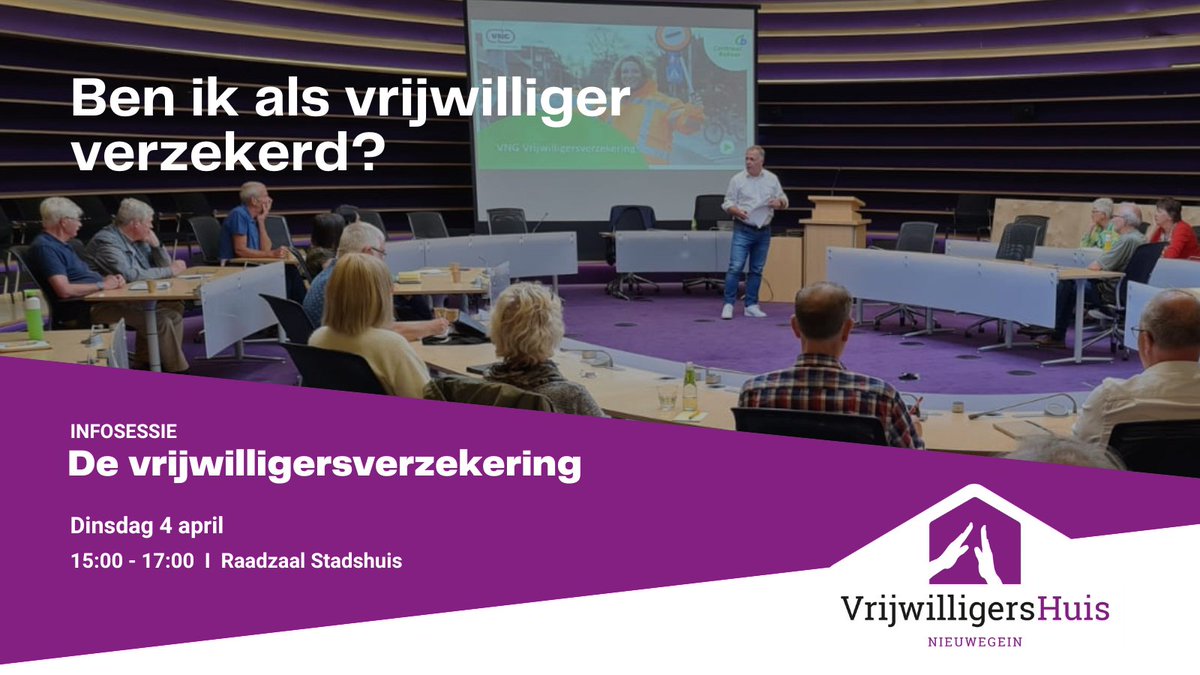 Op 4 april a.s. organiseren wij samen met <a href="/centraal_beheer/">Centraal Beheer</a> en de <a href="/Gem_Nieuwegein/">Gemeente Nieuwegein</a> een infosessie over de vrijwilligersverzekering. Schuif jij aan in de raadzaal van 15:00 tot 17:00 uur? 

Aanmelden kan via vrijwilligershuis-nieuwegein.nl/trainingen/all…