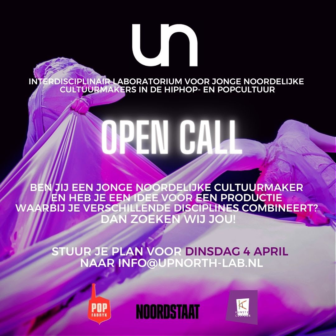 Ben jij een hiphop- of popartiest uit Groningen, Drenthe of Friesland die een kleine, interdisciplinaire productie wil realiseren voor het circuit van poppodia en festivals? Up North is er om jou daarbij te ondersteunen. Stuur je plan voor 4 april op naar info@upnorth-lab.nl.