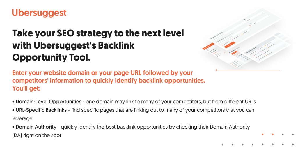Looking for new backlink opportunities to improve your website's search engine rankings?

Ubersuggest's Backlink Opportunity tool can help! 🚀
eu1.hubs.ly/H02Z4bD0