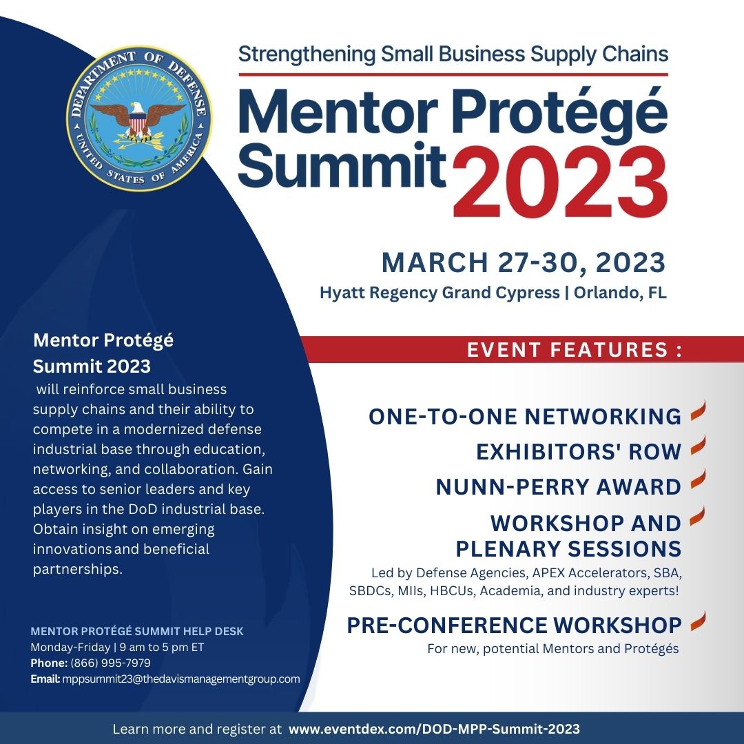 AFSmallBiz's tweet image. The United States Department of Defense is thrilled to present Mentor Protégé Summit 2023 from March 27-30 in Orlando, FL!

Registration: bit.ly/3Htd2AW
