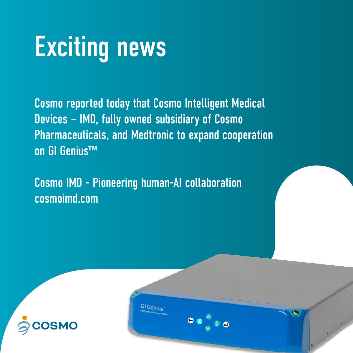 CosmoConfidence's tweet photo. Excited to announce the expansion of cooperation with Medtronic, the world’s largest healthcare technology provider #GIGENIUS #Cosmo #Medtronic #cosmoimd
Read more: https://t.co/A8JpXmoEwS https://t.co/jR7eaN6oBF
