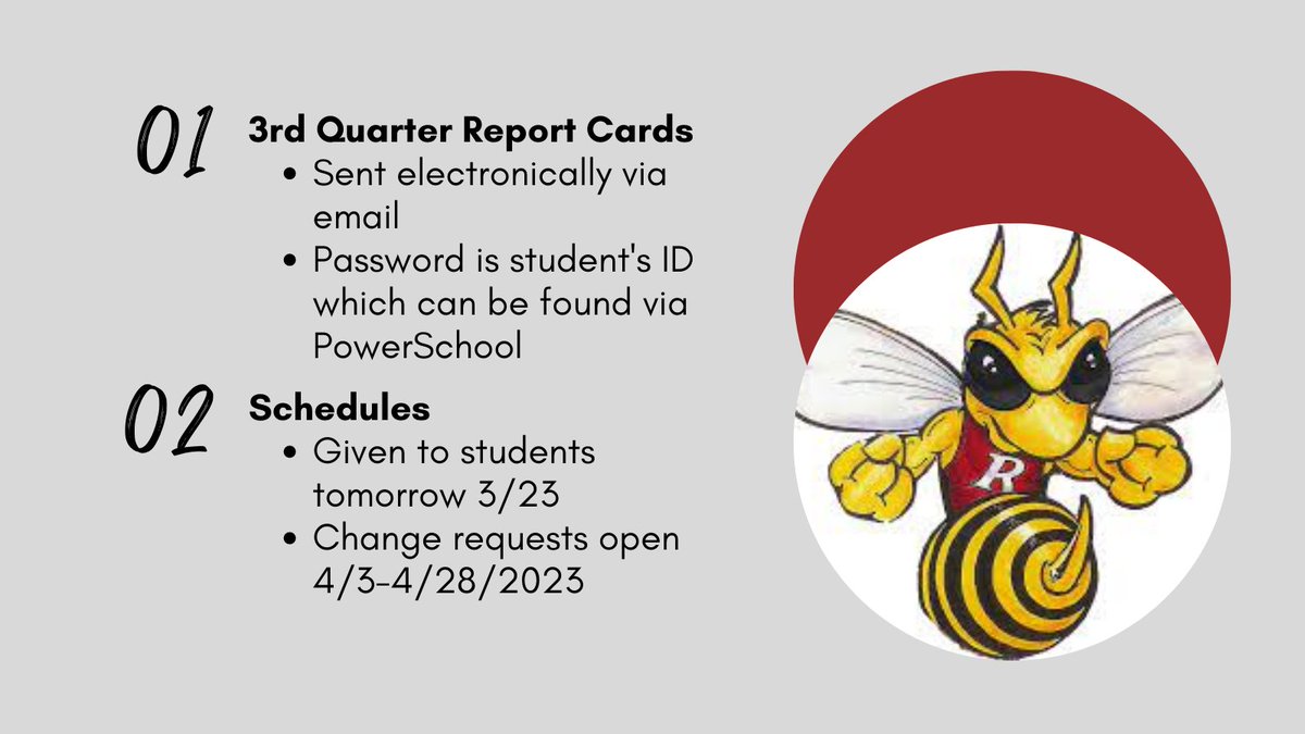 Report cards have been sent electronically via email and schedules will be sent home tomorrow. <a href="/RossvilleSchool/">Rossville Schools</a> <a href="/terrylthompson6/">Terry Thompson</a> <a href="/aubree_buck/">Aubree Buck</a> <a href="/DillinghamErin/">erin dillingham</a> <a href="/DunnShann/">Shann Dunn</a> <a href="/RHSHornetsAthl/">RossvilleAthletics</a> #weRrossville