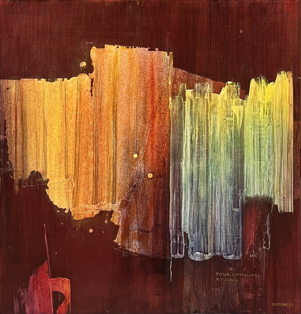 gszon's tweet photo. A painting I've been working on since the end of 22, finally finished: 'Your Landscape, My Song'. Acrylic on fiberglass fabric (!) 28 x 29,5 in.
#art #contemporaryart #artwork #gszon #konst #contemporaryart #artforsale #abstractart #lyricalfields https://t.co/dxtcMEyxGi