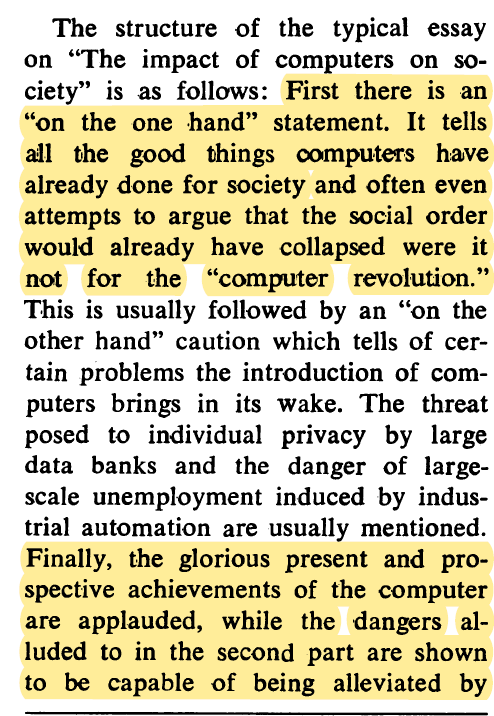 Abebab's tweet photo. when asked what can be done to the mass generation and spread of misinformation enabled by LLMs, altman said "the only way to tackle problems that arise from AI is with AI" and can't help but think of this passage from Weizenbaum in 1972 warning  exactly this https://t.co/bi1XrZ1poA