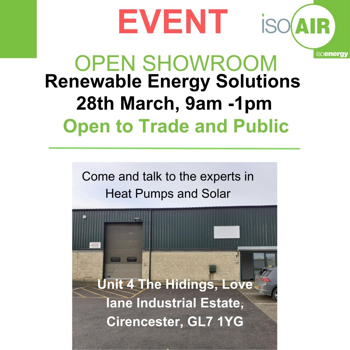 Come and join the ISO Cirencester team at the new showroom on Tuesday 28th to talk to the experts in renewable energy solutions. 
eventbrite.com/.../iso-air-ci…...
#sustainableenergy #renewables #heatpumps