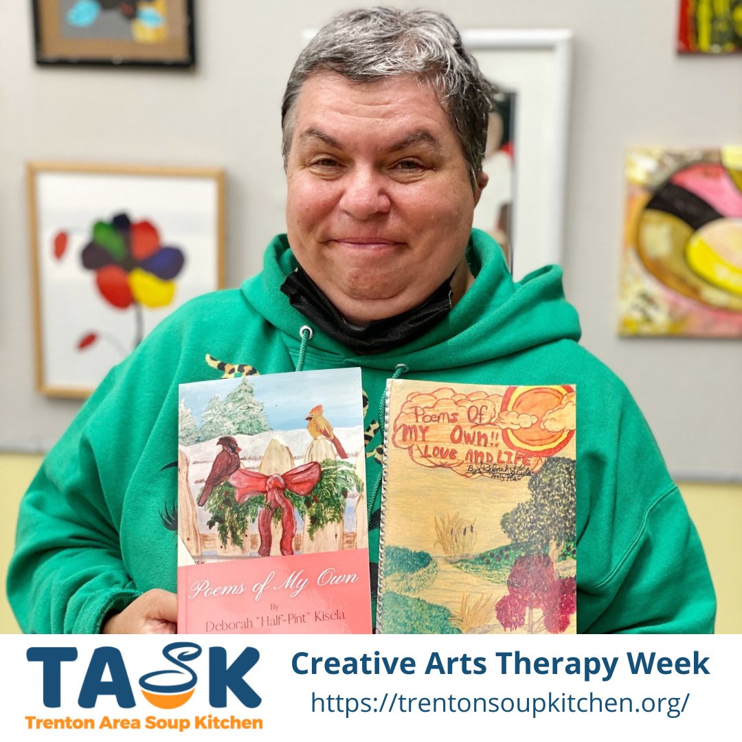 It's Creative Arts Therapy Week! 🎤 ✏🎨🎸TASK’s Creative Arts programs help patrons express themselves using writing, art, and music. Deb Kisela, recently published a third book of poems with TASK's help. For more about our Creative Arts programs, visit trentonsoupkitchen.org/creative-arts-…