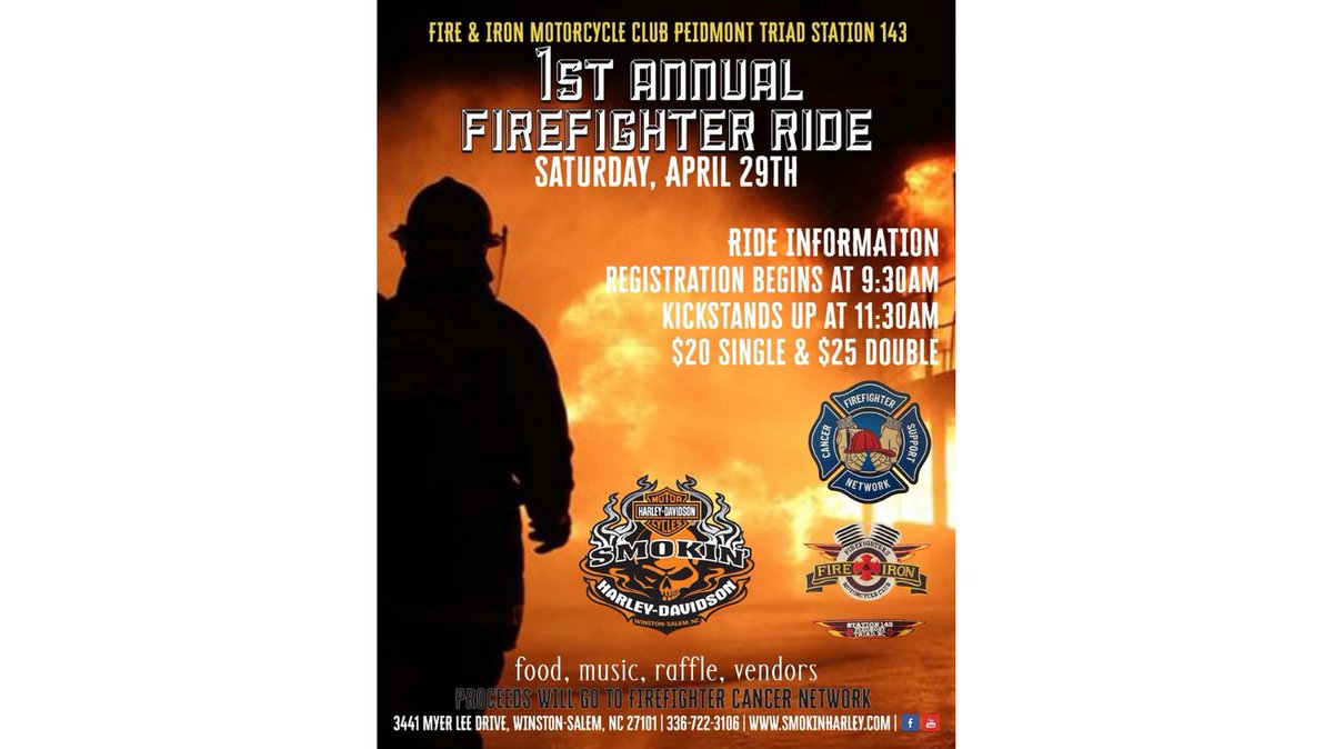 Firefighters, motorcycle riders and enthusiasts...The Fire & Irons Motorcycle Club Piedmont Triad Station 143 is hosting their 1ST Annual Firefighter Ride Saturday 4/29, 2023 in Winston-Salem, NC. Proceeds from the ride will benefit the Firefighter Cancer Support Network