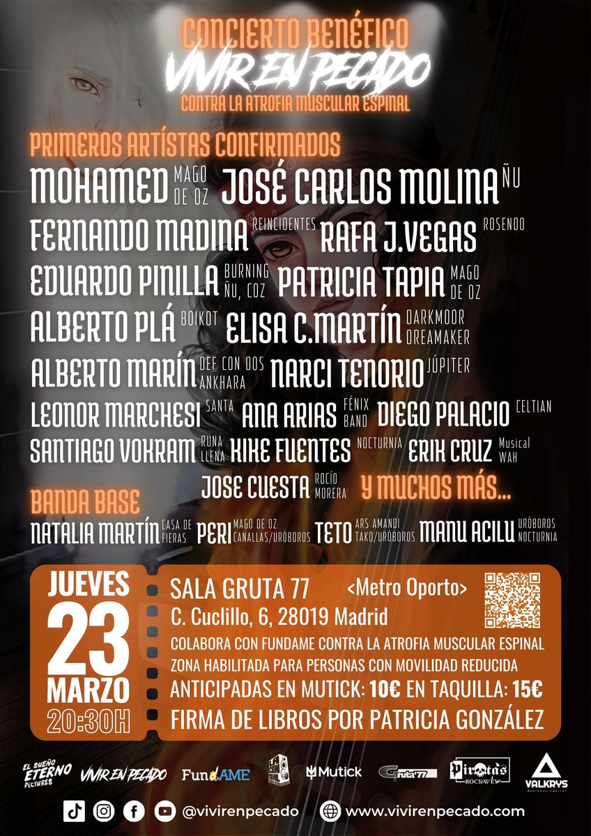 Concierto VIVIR EN PECADO, en beneficio de @fundamenet para ayudar a los afectados por Atrofia Muscular Espinal. Una pléyade de músicos de las mejores bandas de rock nacional unidas para esta causa. 23 marzo, sala @gruta_77 (Madrid) Entradas: @mutick_es 
mutick.com/e/entradas-viv…