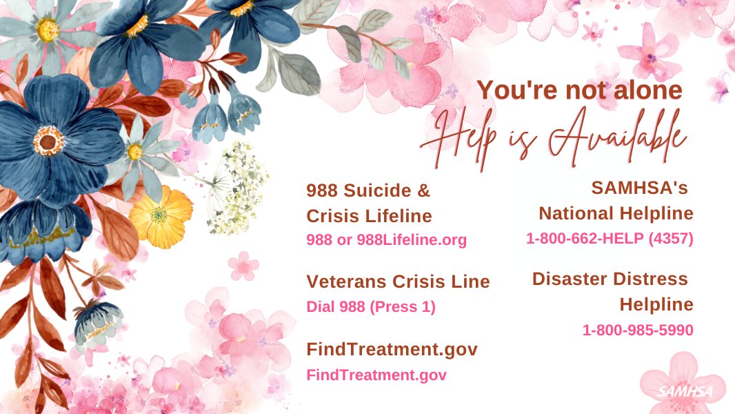 samhsagov's tweet photo. It's OK not to be OK. No matter what you're going through, help is available if you or someone you love is struggling with mental health or substance use.

💗 Help yourself &amp; share to help others: https://t.co/jTAO1Q7SjI https://t.co/4KXVZSZf09
