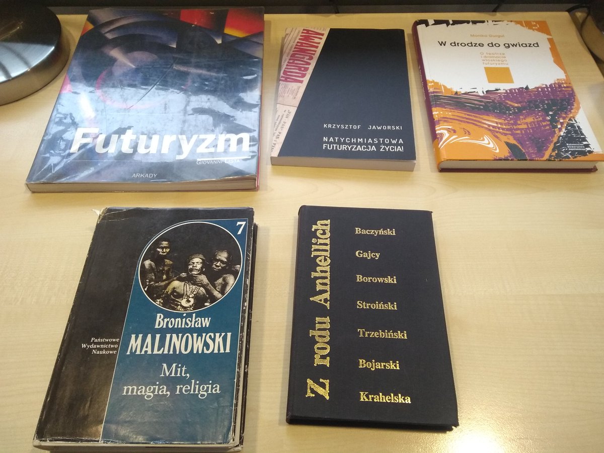 Here are the books I have in front of me in the reading room of the library: (from top left)

1) 'Futurism' (by Lista)
2) 'Immediate futurization of life'  (Jaworski) [manifestos of Polish futurists]
3) 'On the way to stars' (Futurists theater and its meaning)