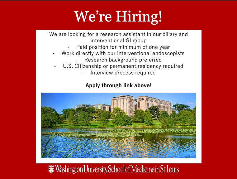 We're hiring! Interested in GI research with our biliary and interventional endoscopy group? See link below for more information and how to apply. 

wustl.wd1.myworkdayjobs.com/en-US/External…