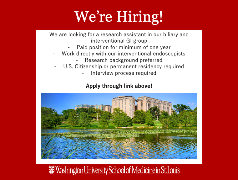 We're hiring! Interested in GI research with our biliary and interventional endoscopy group? See link below for more information and how to apply. wustl.wd1.myworkdayjobs.com/en-US/External…