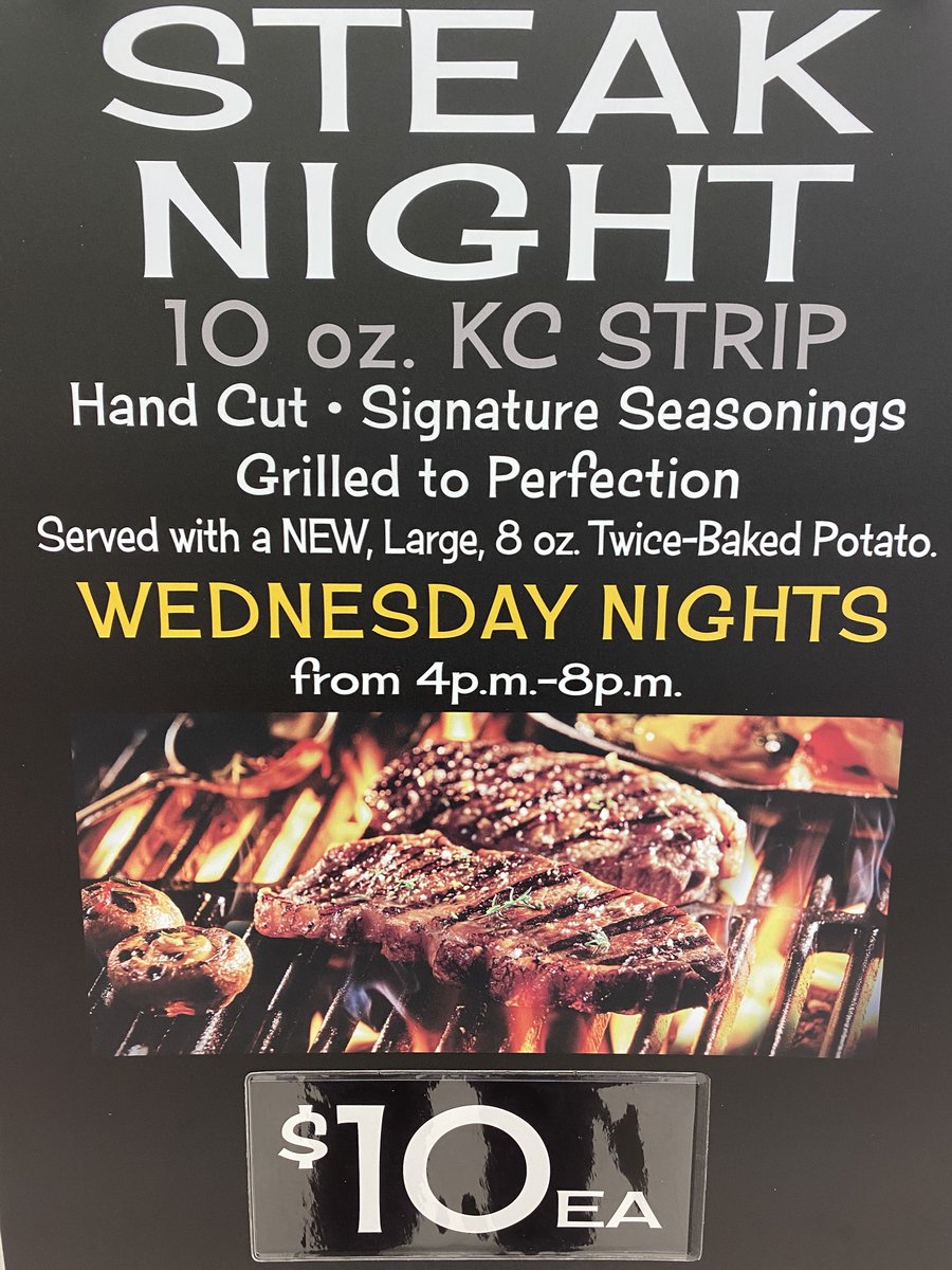 SLibertyPC's tweet image. Steak Night is back!

Come join us for a juicy 10 oz KC Strip Steak and twice baked potato for just $10.