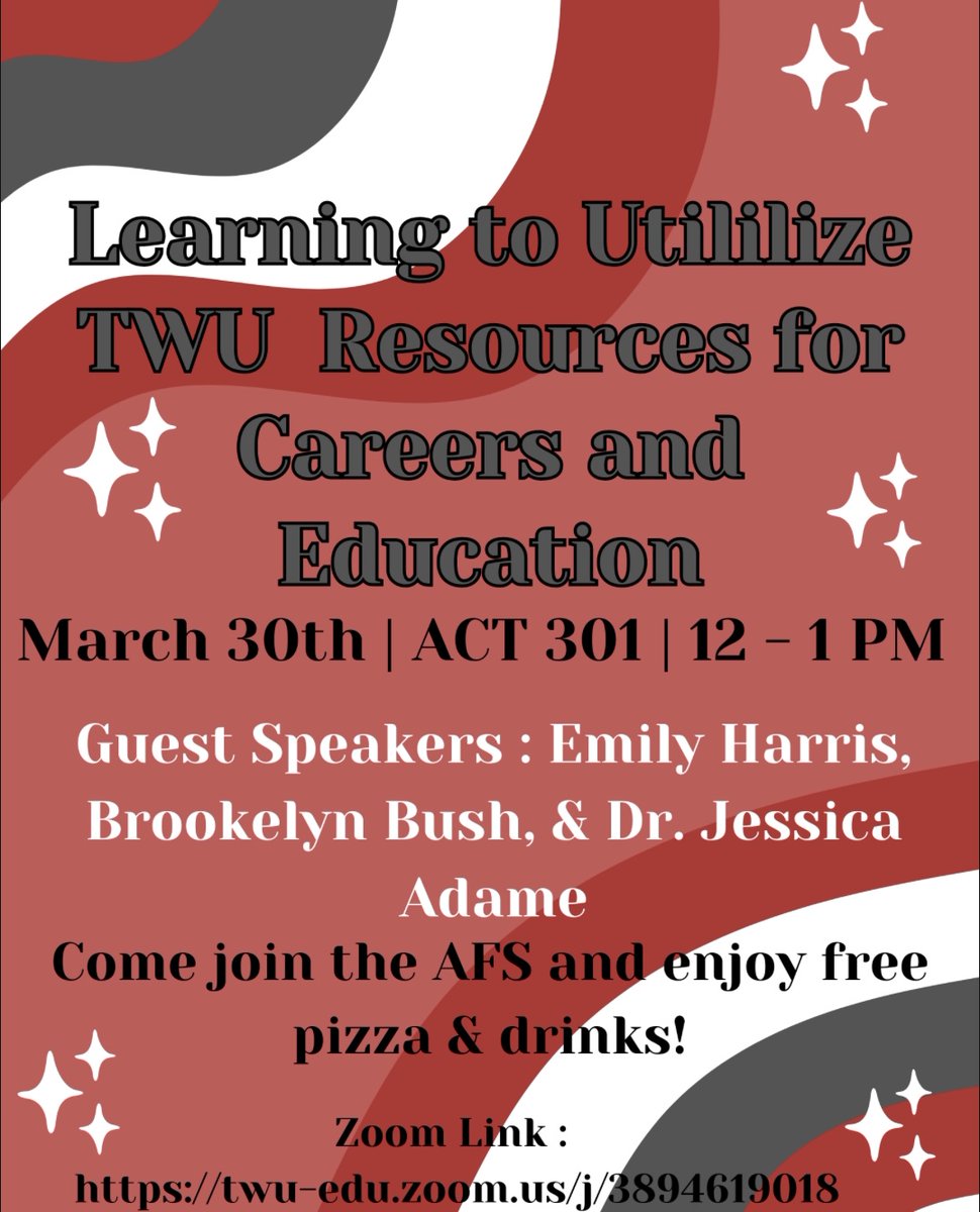 mak_college's tweet photo. AFS is hosting Learning to Utilize TWU Resources for Careers and Education on March 30th in ACT 301 from 12 pm to 1 pm. Come by to listen to guest speakers and enjoy some free pizza and drinks! #twucob https://t.co/gmVA2LAc63