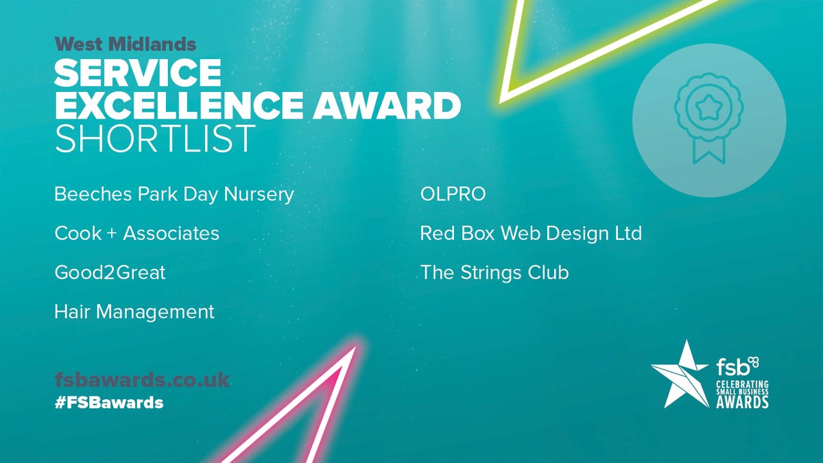 Let's start this last section with the Service Excellence Award. Good luck to <a href="/Beeches_Park/">Beeches Park Day Nursery</a>  <a href="/cook_associates/">Cook + Associates</a>  <a href="/GOOD2GREAT_ltd/">Good2Great</a> Hair Management <a href="/OLPRO/">OLPRO</a> <a href="/RedBoxStafford/">Red Box Web Design 🟥</a> and The Strings Club #FSBawards