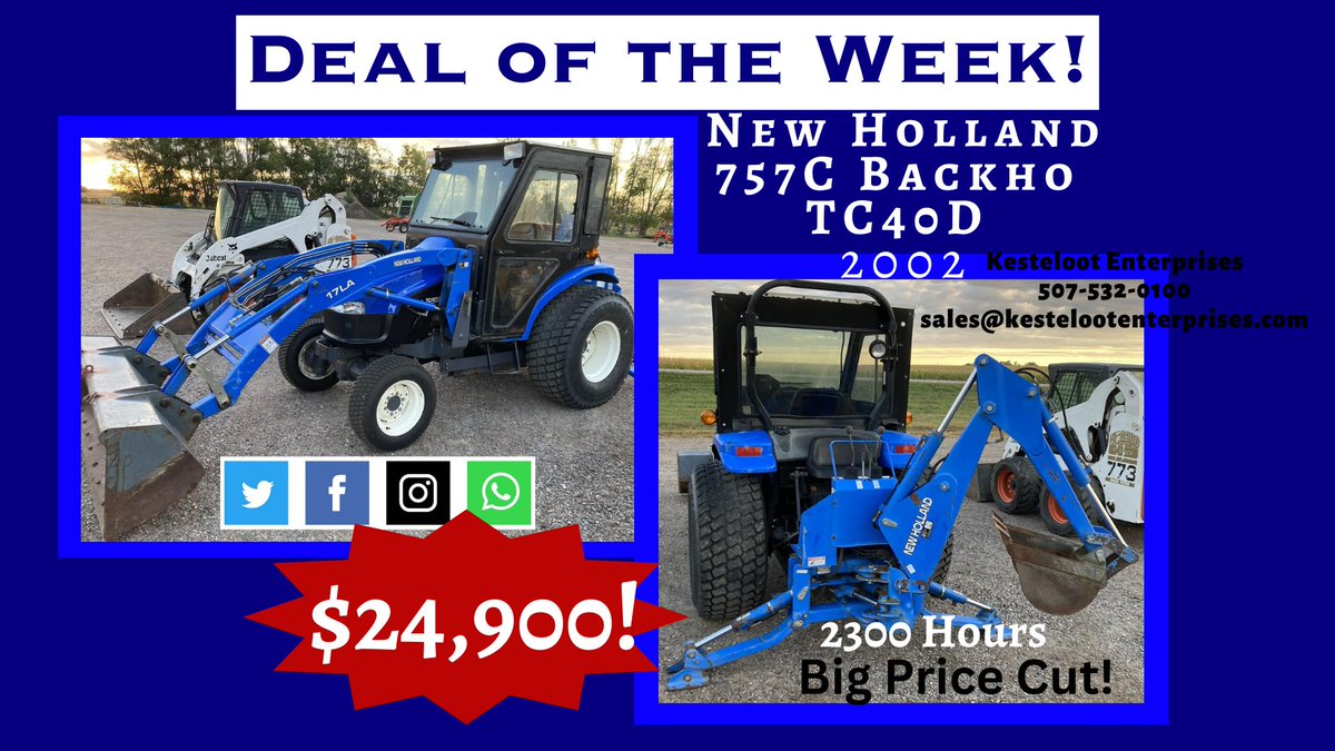 KestelootI's tweet photo. Deal of the Week, we have a 2002 New Holland TC40D with a 757C backhoe included! Do not miss out on this chance! With under 2500 hours, this piece of equipment will have you comfortably tackling those yard projects in no time! Call us today or stop out and take a look yourself. https://t.co/yYBf1VfHFA