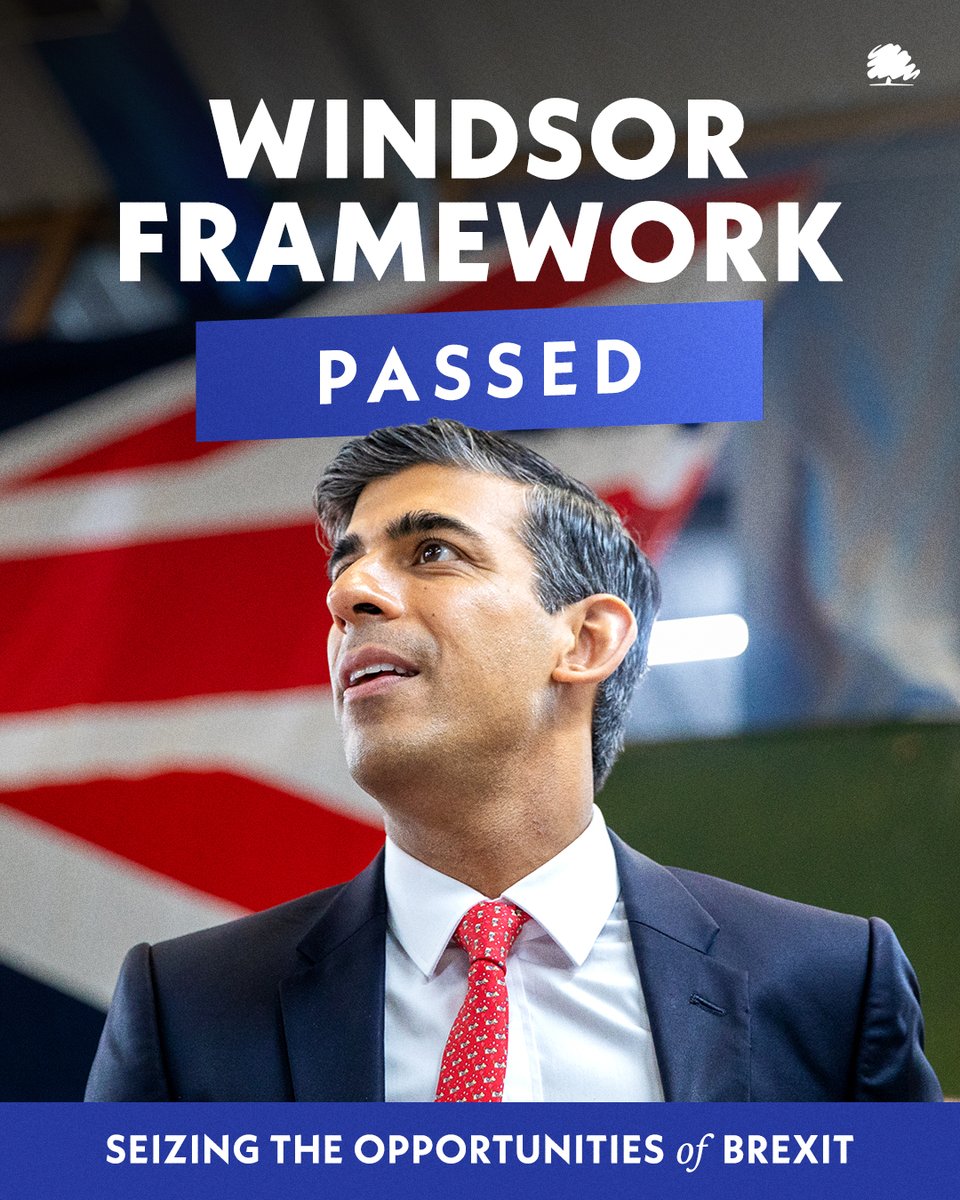 Conservatives's tweet photo. 𝐉𝐔𝐒𝐓 𝐏𝐀𝐒𝐒𝐄𝐃: Rishi Sunak's Windsor Framework will ensure free flowing trade and safeguard sovereignty for the people of Northern Ireland. https://t.co/HnBPO5rs9b