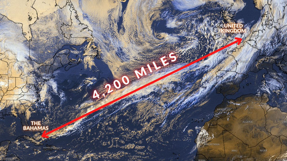 liamdutton's tweet photo. The band of cloud currently over the UK extends all the way to The Bahamas, which is 4,200 miles away!

Perturbations in the jet stream are causing areas of low pressure to form along this band of cloud, before pushing them towards NW Europe.

Image: @Windycom https://t.co/TReZiqtgwI