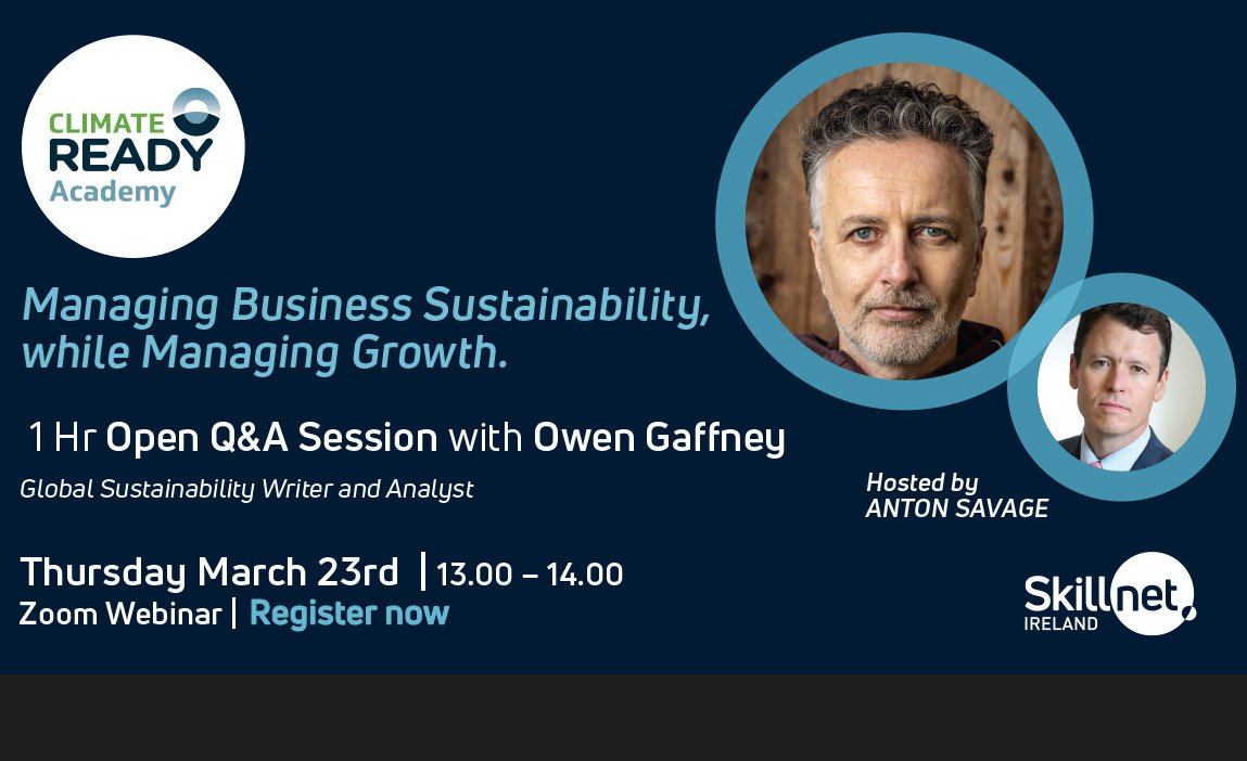 LEOWicklow's tweet image. The @CReadyAcademy is hosting a free masterclass with global sustainability expert Owen Gaffney, tomorrow Thursday, 23rd March at 1pm. 
Register now: climatereadyacademy.ie/masterclasses/ 

#makingithappen #sustainability #greenformicro 
@SkillnetIreland @20FIFTYPARTNERS  @NetworkWicklow