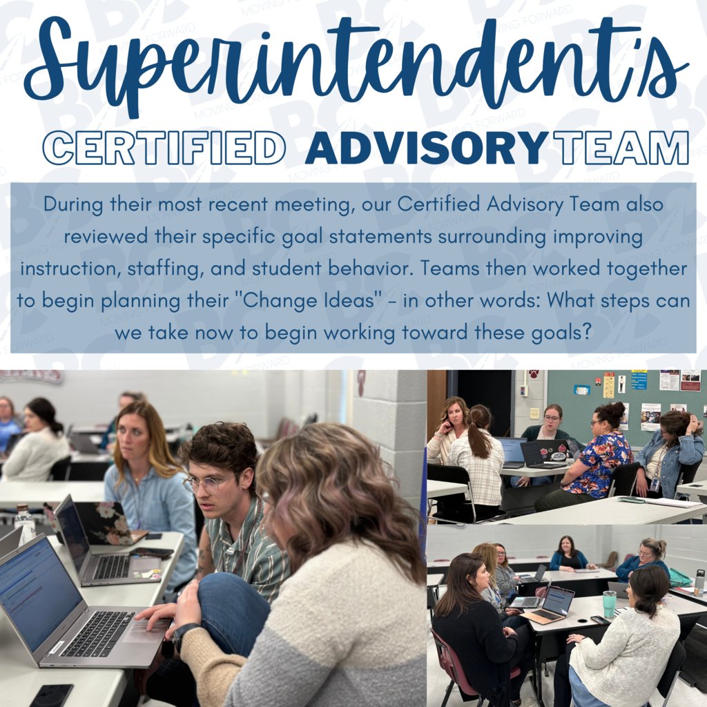 bcpsky's tweet photo. Our Certified Advisory Team met last week to refocus on their goal statements and to being working on planning the "Change Ideas", or next steps, our district can take to help keep us #MovingForward! #BCPSSharedAccountability #BCPSFutureFocused https://t.co/8xSvN3xuo6
