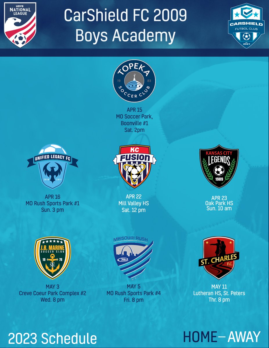 Start planning now.  Our CarShield FC 2009 Boys Academy team will start their USYS National League schedule as the home team at Missouri Socccer Park in Booneville on Saturday April 15th at 2pm against a good Topeka Soccer Club side.  Good luck boys, we're all rooting for you!!!
