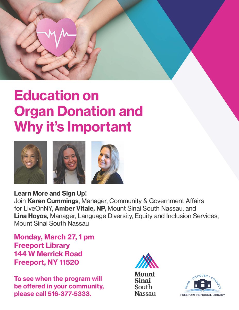 Education on #OrganDonation and Why it’s Important Monday, March 27, 1 pm Freeport Library 144 W Merrick Road Freeport, NY 11520