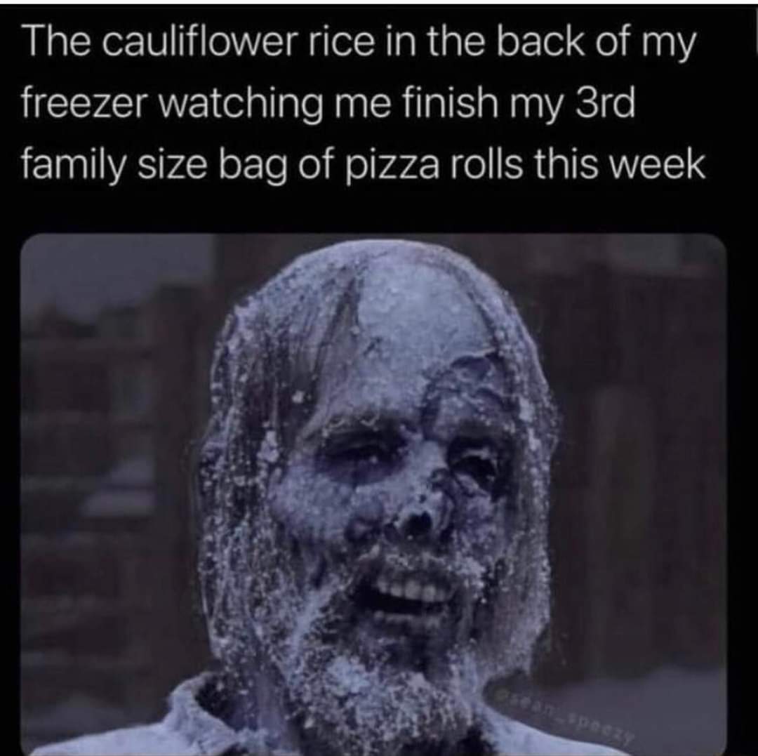 Me seeing the cauliflower rice and saying, 'oh sorry. I swear next time, man. I just don't think you would be good with the pizza rolls. 👋  But seriously, cauliflower pizza made right, damn good. #whattoeat #SorryNotSorry