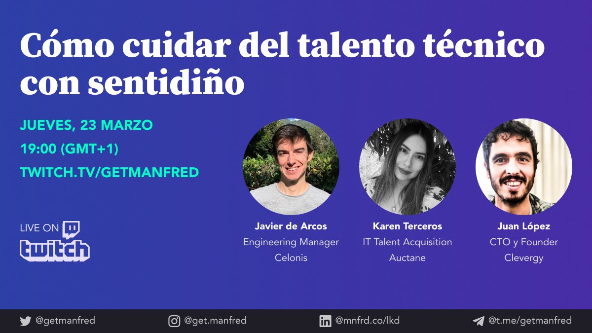 No tenemos una fórmula mágica, pero seguro que nos podrán ayudar a encontrarla ✨

Mañana estaremos en Twitch con <a href="/JavierDeArcosTL/">Javier de Arcos</a>, Karen Terceros y <a href="/juaneto/">Juan López</a> charlando sobre cómo cuidar del talento técnico con sentidiño ❤️

⏰ 7:00 PM
📺 twitch.tv/getmanfred