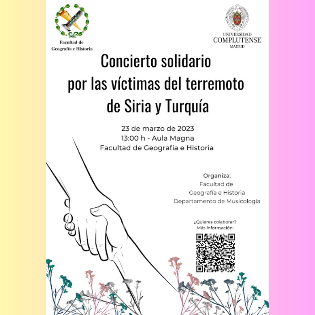 El Departamento de Musicología de nuestra Facultad organiza un concierto solidario por las víctimas del terremoto de Siria y Turquía. Animaos a venir. Aquí tenéis el cartel con el código QR. 

📌 Aula Magna
📆 23 de marzo
🕒 13:00