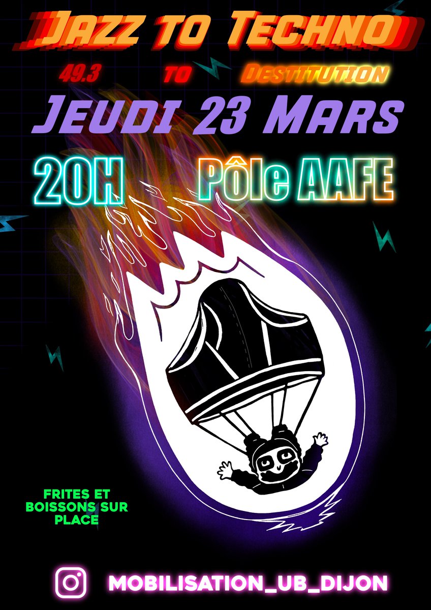 SESLDijon's tweet photo. 🎉 Après la manif du Jeudi 23, rejoignez la soirée à la fac, en soutien à l'occupation et à la grève pour du Jazz et en fin de soirée de la Techno, le tout en lumières avec frites et boissons 💥
https://t.co/qPjTtMFXZ5 https://t.co/R3cFDvdQKb