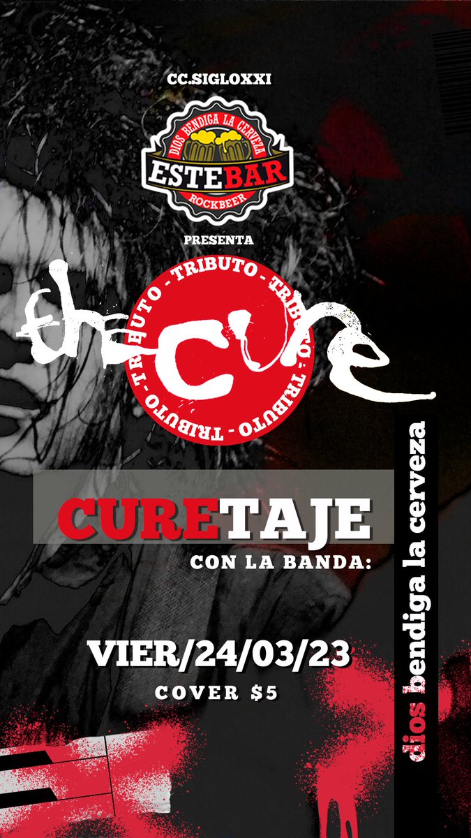 Este viernes 24 tenemos nuestro tributo a una de las bandas más icónicas de la historia, THE CURE!
con la banda @Curetajebanda 
Cover: $5
8:00 p.m.