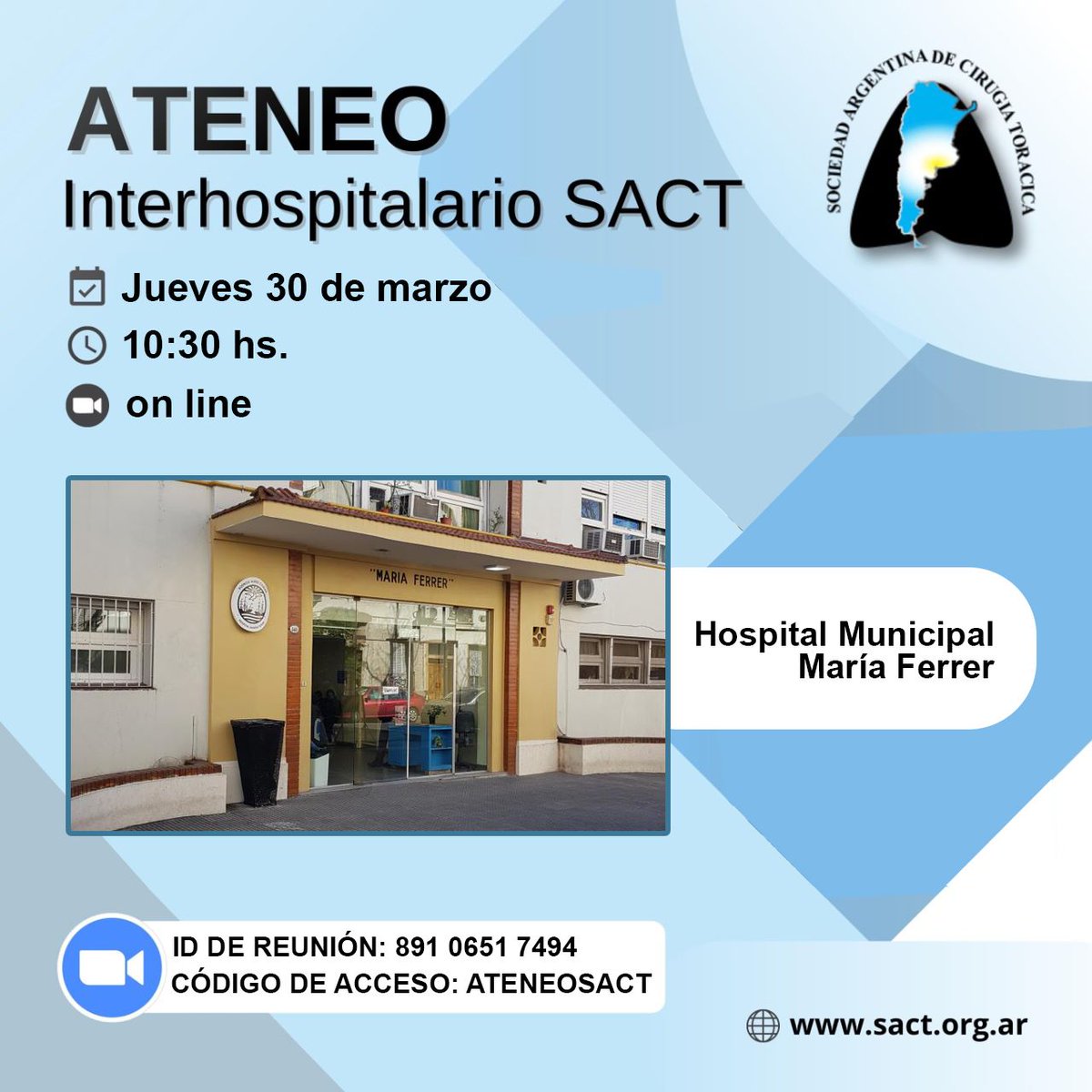 SToracica's tweet photo. 👨🏻‍🏫 Ateneo Interhospitalario SACT
📅 30 de Marzo de 2023
🕥 10:30 hs
🎥 Zoom 
🏨 Hospital Municipal María Ferrer (CABA) https://t.co/9cA2wkW5G4