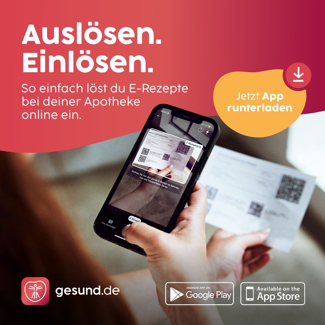 Auslösen. Einlösen.
E-Rezepte einfach an deine Apotheke vor Ort senden. 
Der digitale Service von gesund.de unterstützt Vor-Ort-Apotheker:innen und macht es Patient:innen leichter. Ein zeitgemäßes Angebot mit persönlichem Service auch im digitalen Raum.
