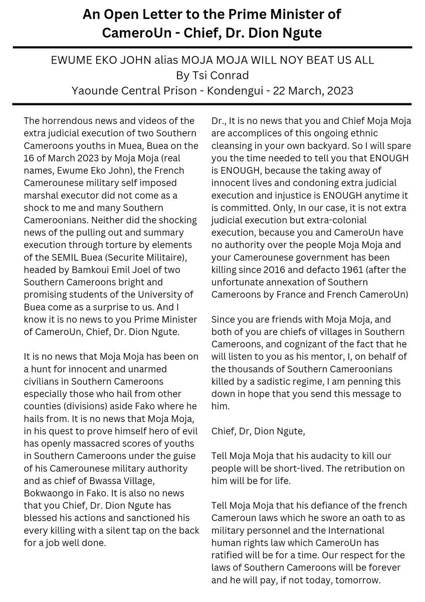 TsiConrad's tweet photo. An Open letter to the Prime Minister of CameroUn by Tsi Conrad. @Pm237Services @CameroonPm237 @USEmbYaounde @TiborPNagyJr @StanleyCohenLaw @cwjroberts @SwissAmbYaounde @Canadiansforpe1 @melaniejoly @CanadaCameroon @UKinCameroon @judithnwana @vuvanhau8754152 @ReleaseThemC https://t.co/11Pt2Cgqyv