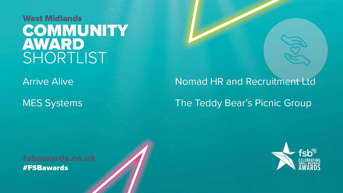 It's time to name the winner of the Community Award. Good luck to @NomadHrRecruit @Arrive_AliveUK @messystemsltd and The Teddy Bears Picnic Group #FSBawards