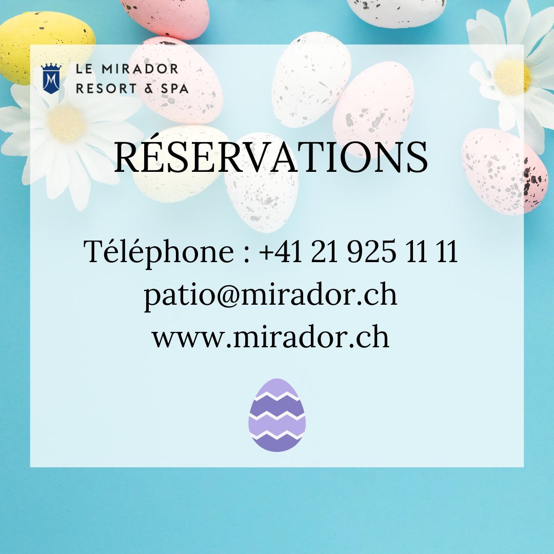 Le dimanche 9 avril, partagez un moment convivial avec un délicieux brunch de Pâques au restaurant le Patio.

Découvrez notre menu | Discover our menu: mirador.ch/fr/node/503

On Sunday, April 9, share a convivial moment with a delicious Easter brunch at the Patio restaurant.