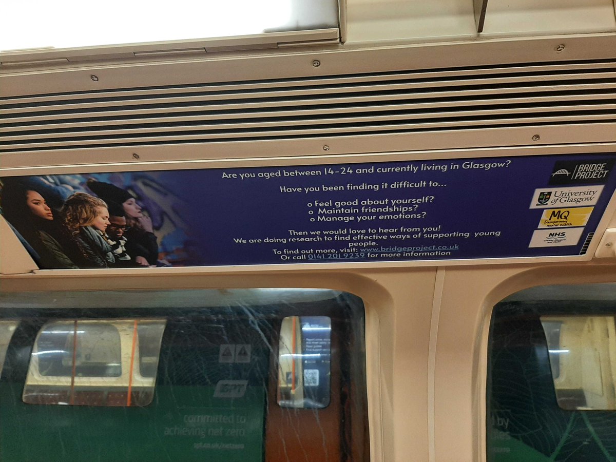 Check out our campaign on @GLASubwayTravelHave you seen it? We’re looking for participants who experience persistent difficulties with emotions and relationships. 14-24 in Glasgow to take part. Go to our website for more info bridgeproject.co.uk @MQmentalhealth @UofGMHW