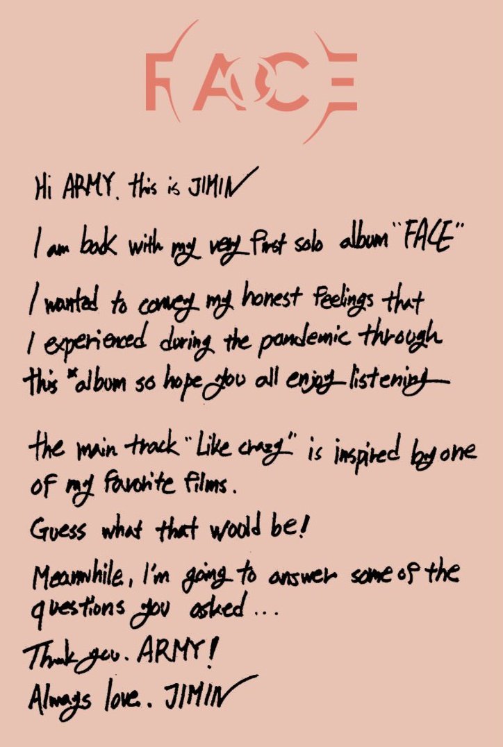 kiss_seven7's tweet photo. — CARTA ESPECIAL DE JIMIN 💌

🐥: "Hola ARMY. este es #JIMIN. Estoy de vuelta con mi primer álbum en solitario FACE. Quería transmitir mis sentimientos honestos que experimenté durante la pandemia a través de este álbum, así que espero que todos disfruten escuchándolo. [+] https://t.co/O6lxg0WFN1