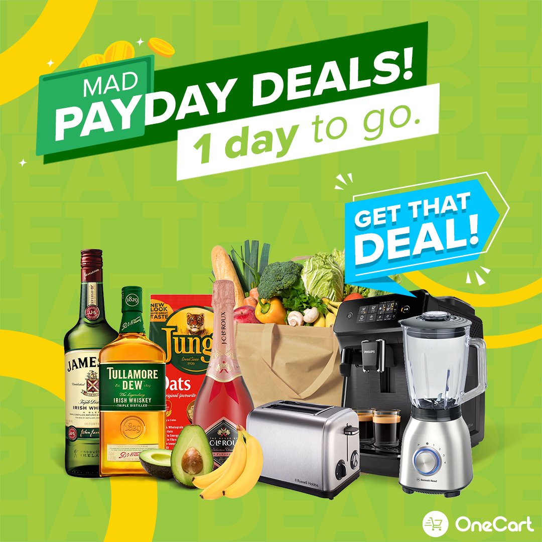 OneCartZA's tweet photo. 1 MORE DAY TILL PAYDAY! 🛒 Get the last of our MARCH MADNESS DEALS that are bigger and better than ever. 😍 Groceries, liquor and everything in between. 💥

Download our mobile app and shop now. 📲 #OneCartZA #MarchMadness #GetThatDeal #SameDayDelivery #ShopManyStores #OneBasket https://t.co/VJeThCMBSX