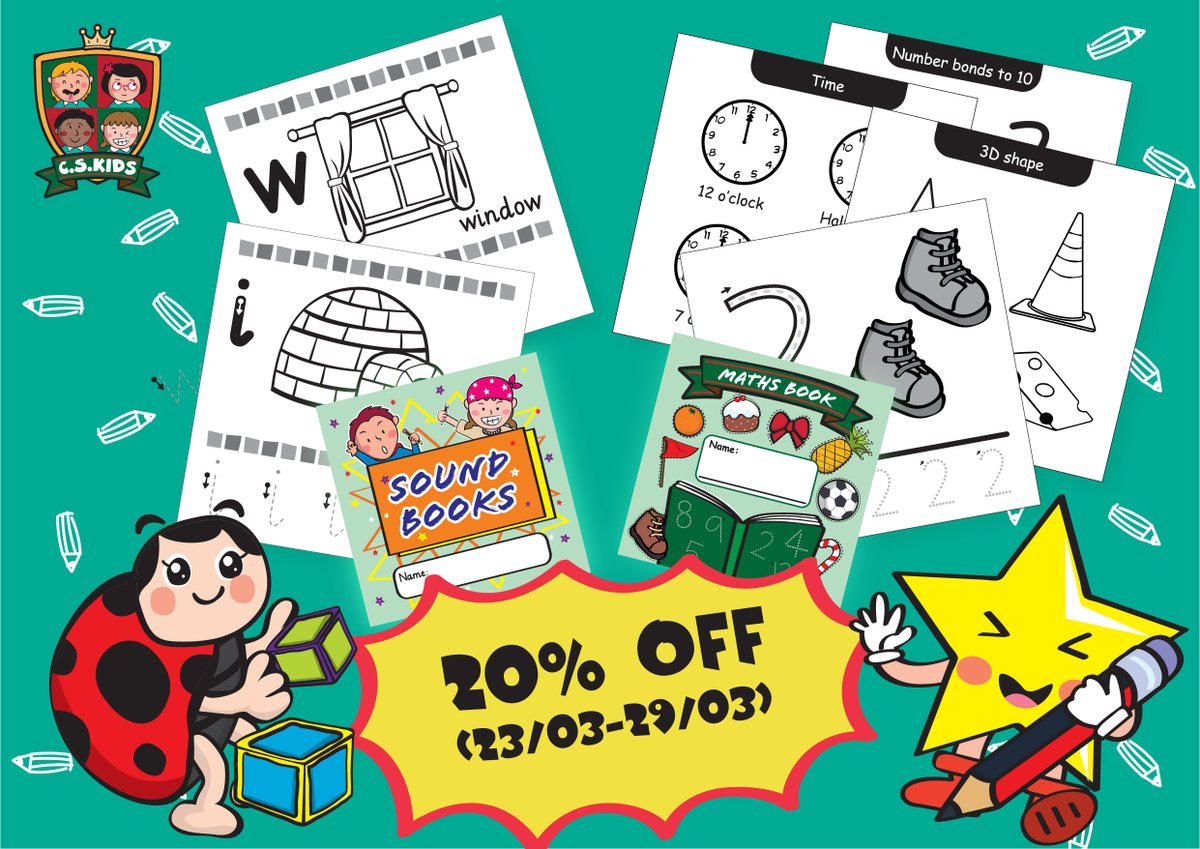 CSKidsLtd's tweet photo. The complete starter packs for our budding learners! Introducing them to letters, vocabulary, numerals, shapes, and time…cannot be easier with C.S. Kids Sound Books and Maths Books! 20% off now https://t.co/UT8XADarwY 

#EYFS #preschool #teacherresources #teachersupplies https://t.co/kB1461bmO7
