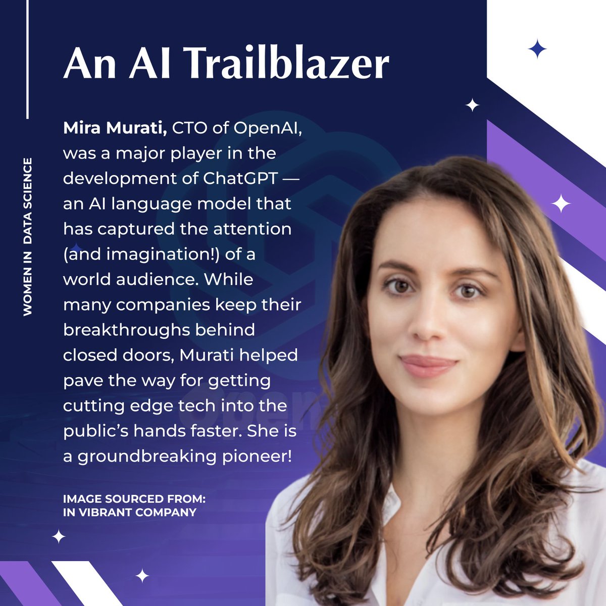 DataScienceAll1's tweet photo. This week in #WomenInDataScience. As the CTO of OpenAI, Mira Murati played a pivotal role in bringing ChatGPT to the masses.
Read more: https://t.co/nXOrPiojIx
#IWD2023 #women #datascience #tech #responsibleai #inspiration #WomenInDataScience #ResponsibleDataScience https://t.co/YZJAdsYyYw
