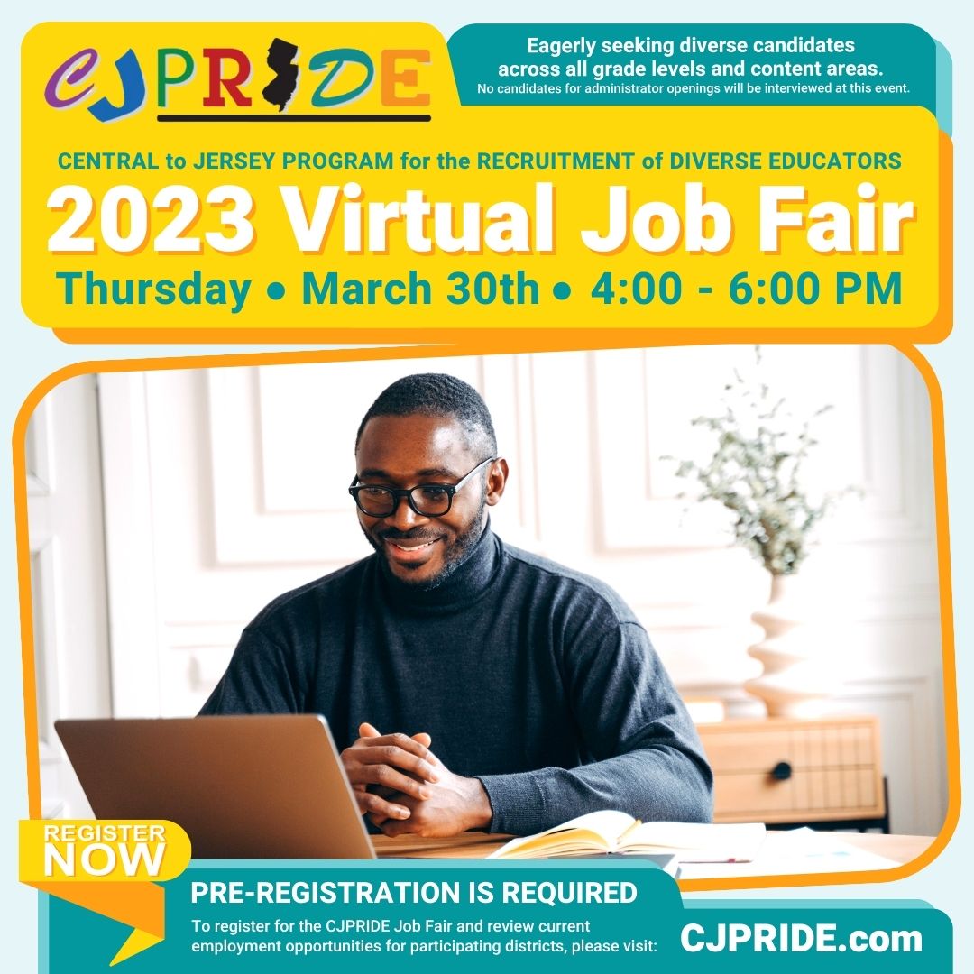 njstride's tweet photo. Districts from all over #NJ will participate in the #CJPRIDE Virtual #JobFair for #EDUcators on Thursday, March 30, from 4-6p. Register today at https://t.co/EAuO49gsr8 #careerfair #jobseeekers #DiversityinEducation https://t.co/aI9oWK1OyE