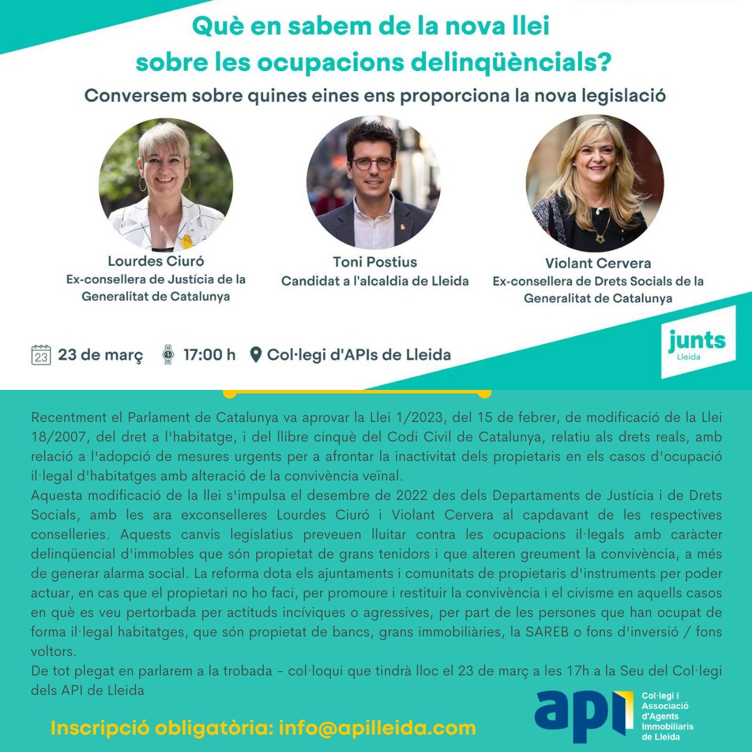 apilleida's tweet image. Demà 23 de març, a les 17h i a la Seu del Col.legi, tindrà lloc una trobada/col.loqui per parlar de la nova llei sobre les ocupacions delinqüèncials i quines eines ens proporcionarà la nova legislació.

Inscripció obligatòria: info@apilleida.com

#apiLleida
#ocupacions
#novetats