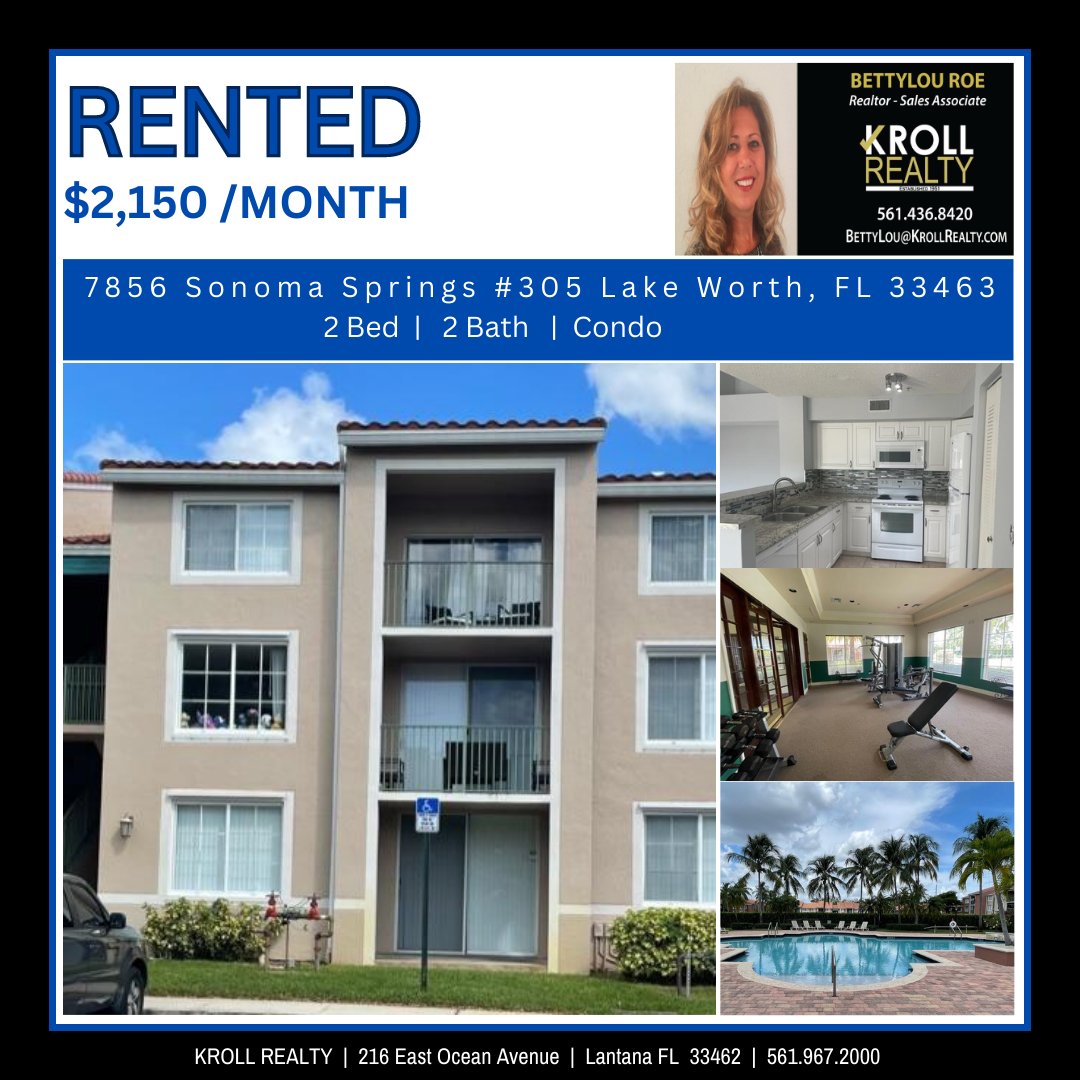 KROLLREALTY's tweet photo. 📢RENTED by Betty Roe, Realtor  
$2,150/month Annual Lease Unfurnished

📍7856 Sonoma Springs Circle #305, Lake Worth FL

Great Work by Betty Lou Roe, Sales Associate 
☎561.436.8420
📧BettyLou@KrollRealty.com

Call Us for All Your #RealEstate Needs!
☎561.967.2000 https://t.co/JgcZBcDhbQ