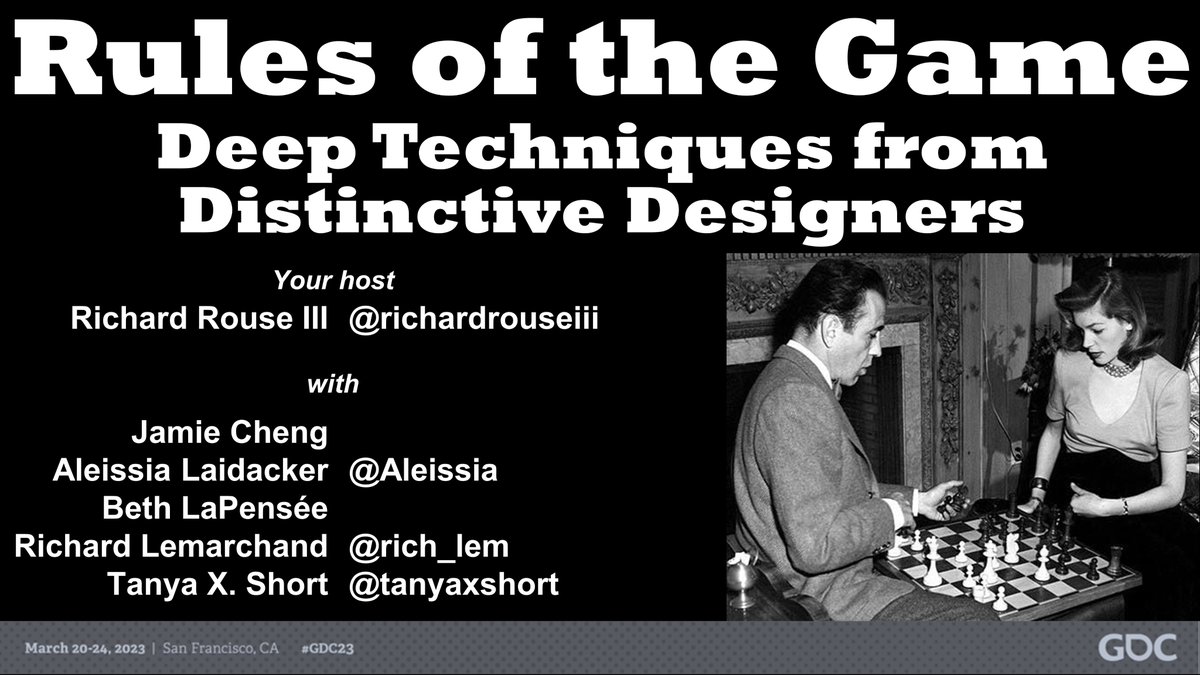 If you're at #GDC23 our annual Rules of the Game talk is today at 11:30am,  West Hall Room 3016.  Come see  @tanyaxshort <a href="/Aleissia/">Aleissia Laidacker</a> <a href="/rich_lem/">Richard Lemarchand</a> Jamie Cheng and Beth LaPensée each get 10 minutes to share something they believe about game design!  

schedule.gdconf.com/session/rules-…