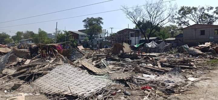 Approximately 700 houses ranging from thatched huts to 3-story buildings in Mandalay were destroyed by SAC with machinery, on accusation of encroaching on boundaries of road, electricity tower, irrigation &amp; train dept. #2023Mar22Coup #WhatsHappeningInMyanmar