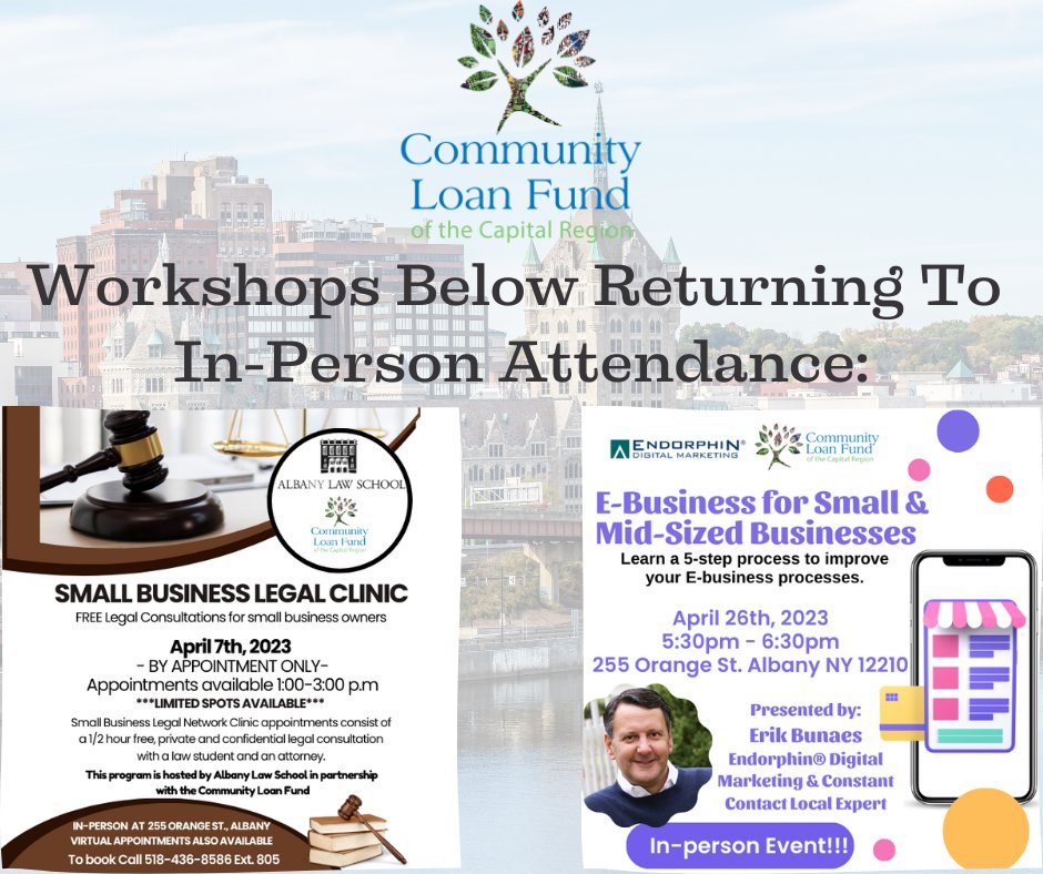 After 3 years of only remote offerings, select workshops are returning to in person attendance! Join the Community Loan Fund for these exciting offerings! 

mycommunityloanfund.org/workshops/