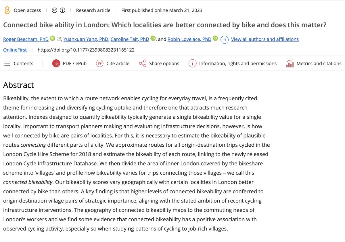 rJBeecham's tweet image. New paper with w/ @yyuanxuan, @troublestrife + @robinlovelace in @envplanb. In it we use #opendata to quantify and evaluate *connected* bikeability in London.  

#bikeability #cycleinfrastructure #maup #gridmaps 

🔓journals.sagepub.com/doi/10.1177/23…
🧑‍💻github.com/rogerbeecham/c…

(1/🧵)
