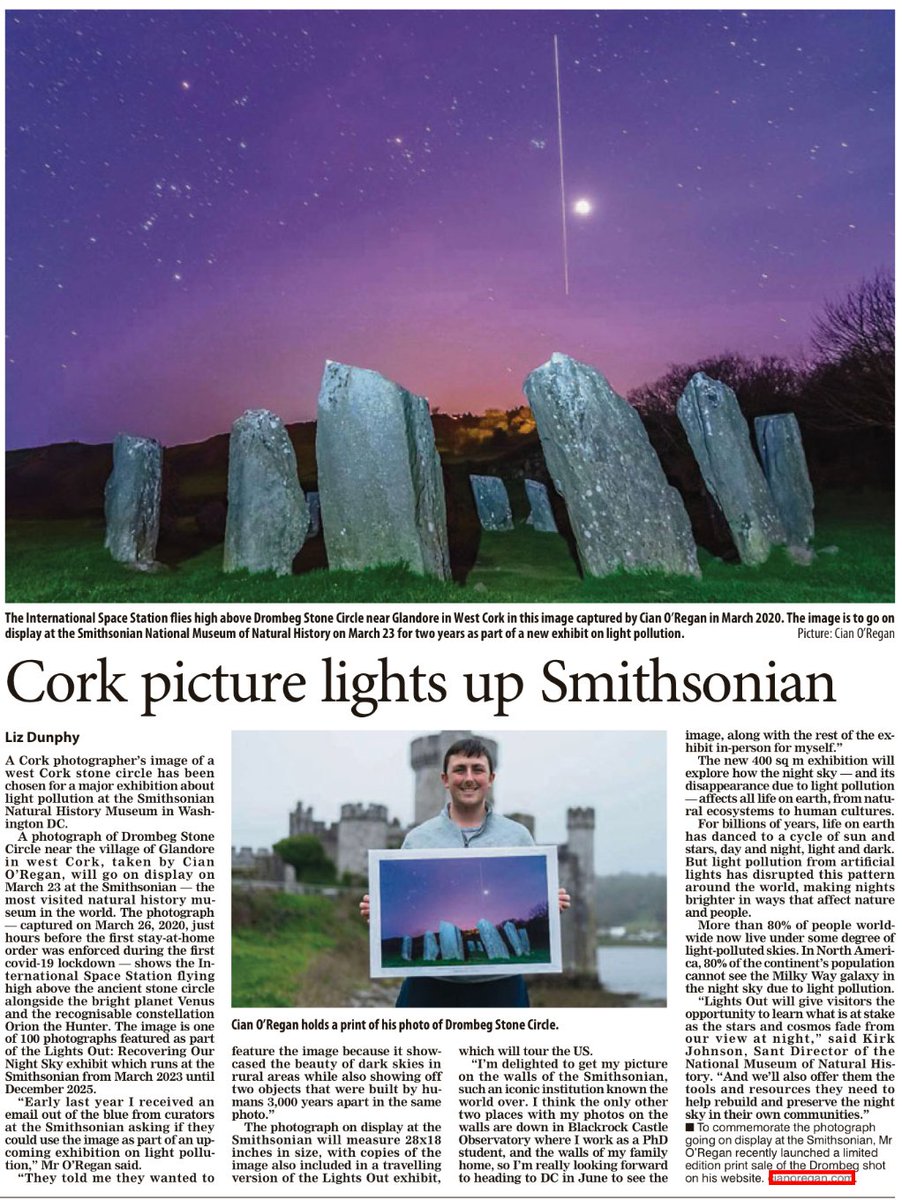 CaptainJamesT's tweet photo. Great photo from Cian O'Regan 
@irishspaceblog taken in 2020 chosen for major exhibition on light pollution at the @Smithsonian Smithsonian Natural History Museum in Washington DC. Well Done Cian :-) https://t.co/mSKgmO9zig